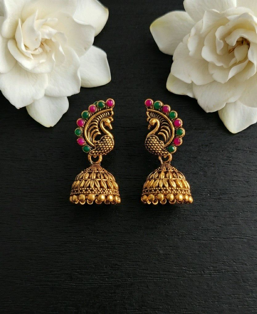 Gold Plated Peacock Jhumka Earrings for Women | Traditional Round Latkan Jhumki | Brass Ethnic Jewellery | EA-48