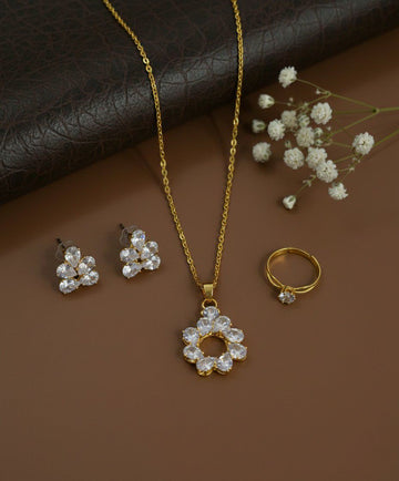 Gold Plated American Diamond Pendant Chain Combo Set for Women | Chain, Earrings & Adjustable Ring | Brass & Copper Jewellery | CP-40