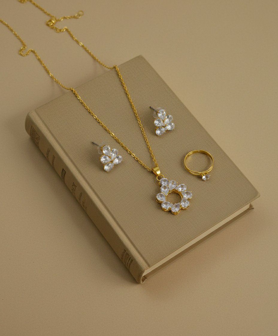 Gold Plated American Diamond Pendant Chain Combo Set for Women | Chain, Earrings & Adjustable Ring | Brass & Copper Jewellery | CP-40