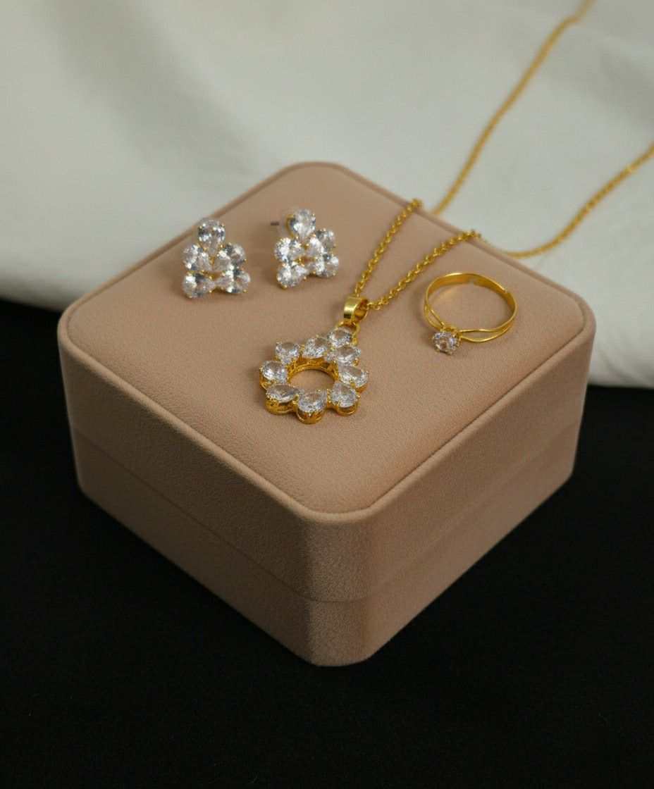 Gold Plated American Diamond Pendant Chain Combo Set for Women | Chain, Earrings & Adjustable Ring | Brass & Copper Jewellery | CP-40