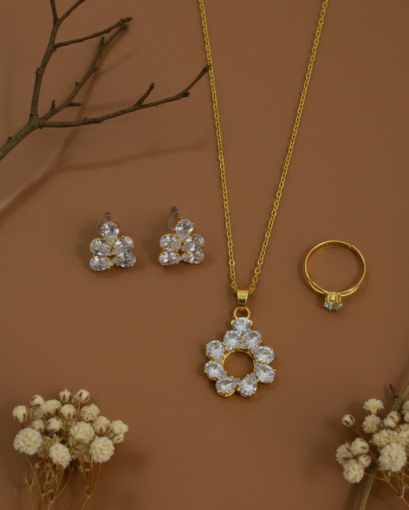 Gold Plated American Diamond Pendant Chain Combo Set for Women | Chain, Earrings & Adjustable Ring | Brass & Copper Jewellery | CP-40