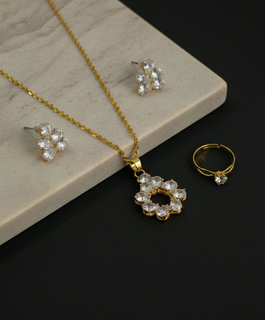Gold Plated American Diamond Pendant Chain Combo Set for Women | Chain, Earrings & Adjustable Ring | Brass & Copper Jewellery | CP-40