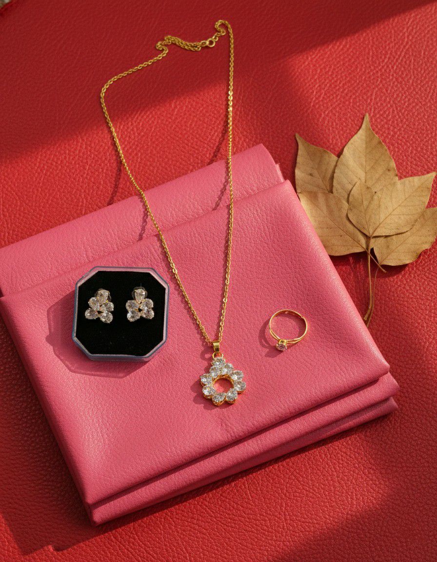 Gold Plated American Diamond Pendant Chain Combo Set for Women | Chain, Earrings & Adjustable Ring | Brass & Copper Jewellery | CP-40
