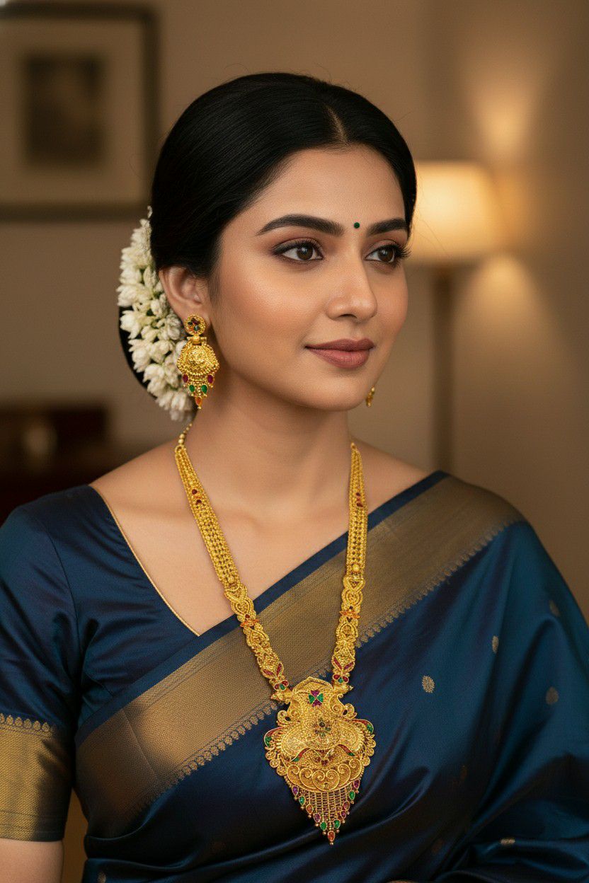 Gold Plated Long Necklace Har for Women | Minimal Adjustable Brass Necklace | Traditional Wedding Jewellery | RJ-3