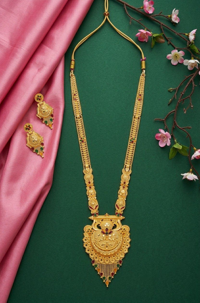 Gold Plated Long Necklace Har for Women | Adjustable Minimal Brass Necklace | Traditional Wedding Jewellery | RJ-2