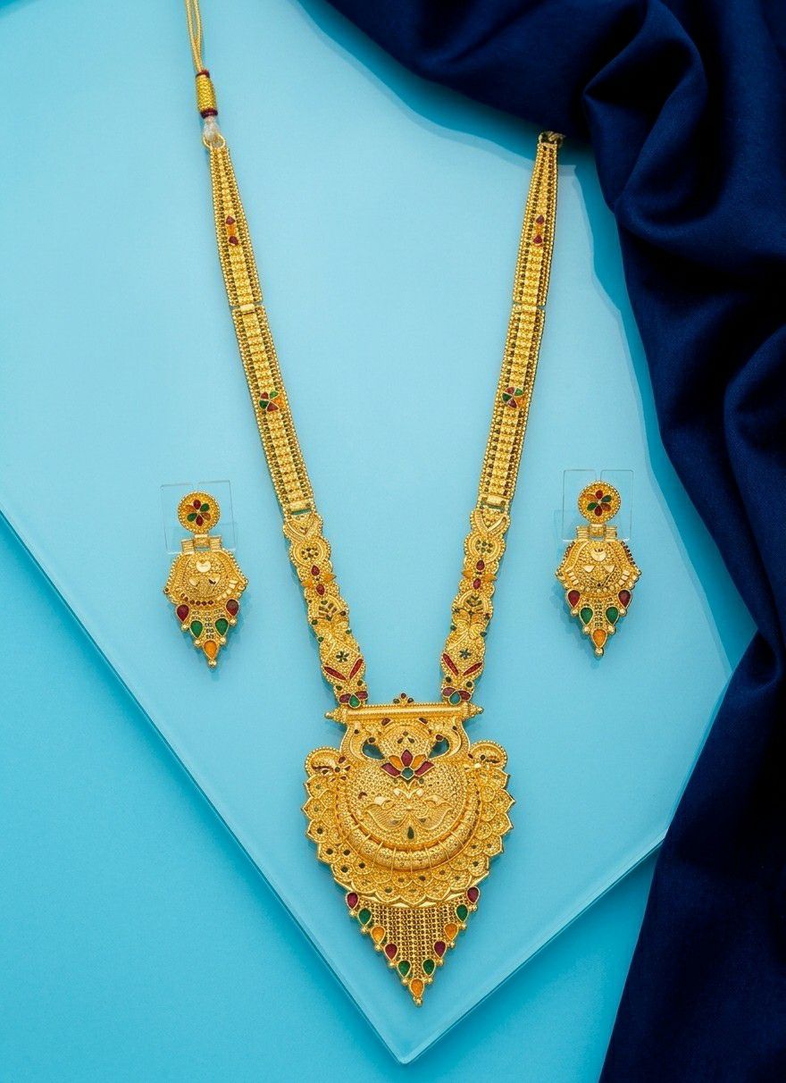Gold Plated Long Necklace Har for Women | Adjustable Minimal Brass Necklace | Traditional Wedding Jewellery | RJ-2