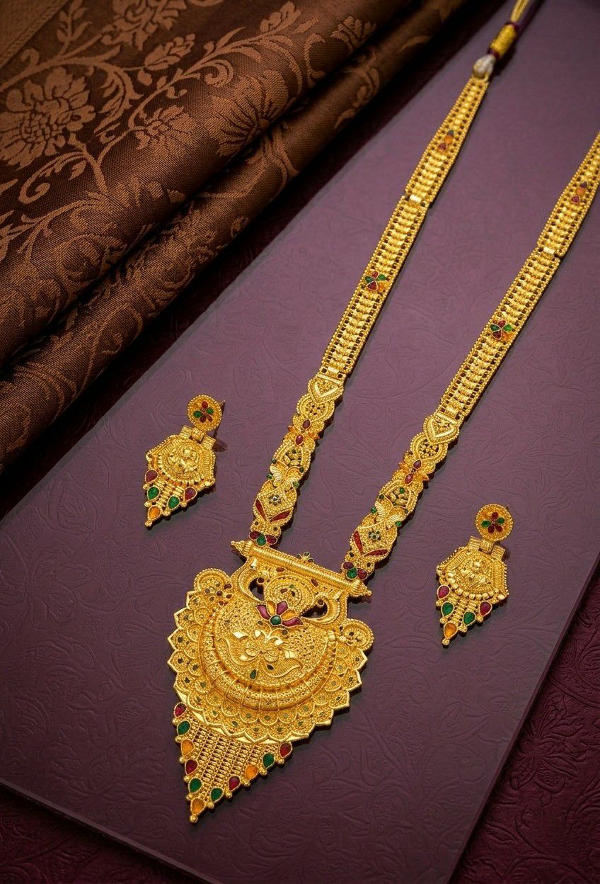 Gold Plated Long Necklace Har for Women | Adjustable Minimal Brass Necklace | Traditional Wedding Jewellery | RJ-2