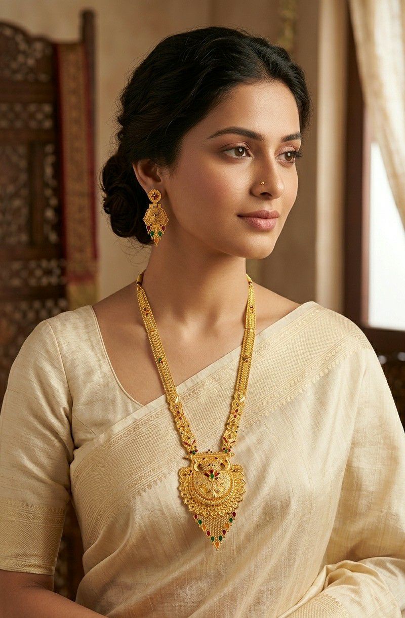 Gold Plated Long Necklace Har for Women | Adjustable Minimal Brass Necklace | Traditional Wedding Jewellery | RJ-2