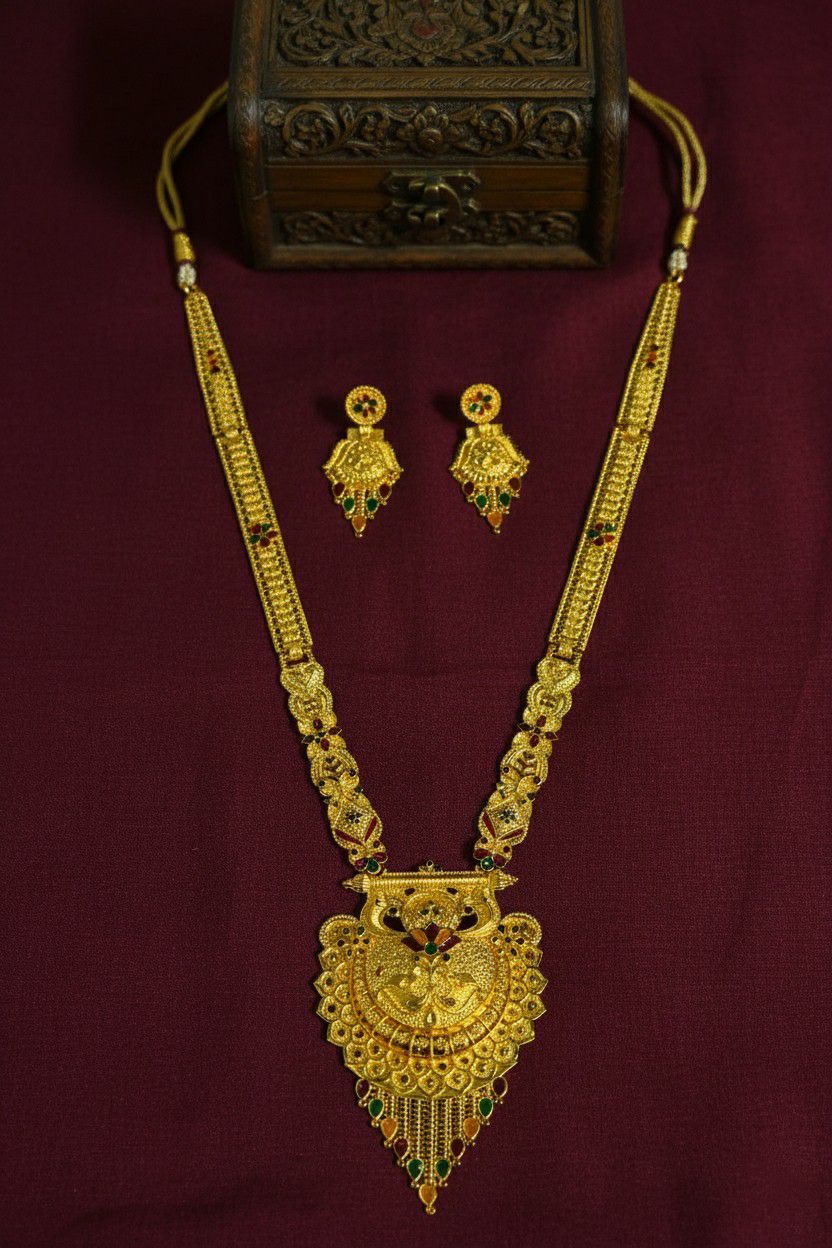 Gold Plated Long Necklace Har for Women | Adjustable Minimal Brass Necklace | Traditional Wedding Jewellery | RJ-2