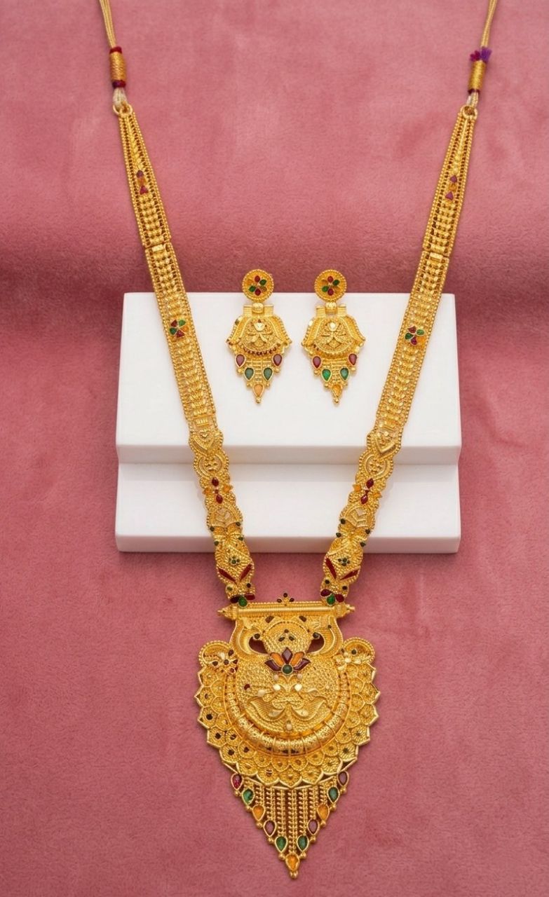 Gold Plated Long Necklace Har for Women | Adjustable Minimal Brass Necklace | Traditional Wedding Jewellery | RJ-2