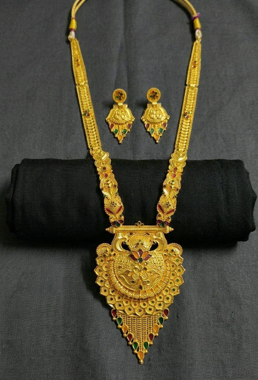 Gold Plated Long Necklace Har for Women | Adjustable Minimal Brass Necklace | Traditional Wedding Jewellery | RJ-2