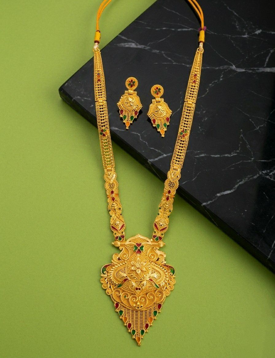 Gold Plated Long Necklace Har for Women | Minimal Adjustable Brass Necklace | Traditional Wedding Jewellery | RJ-3