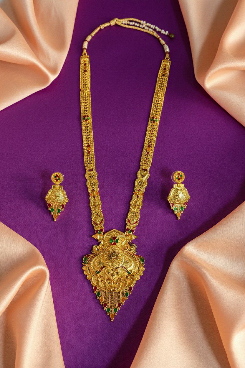 Gold Plated Long Necklace Har for Women | Minimal Adjustable Brass Necklace | Traditional Wedding Jewellery | RJ-3