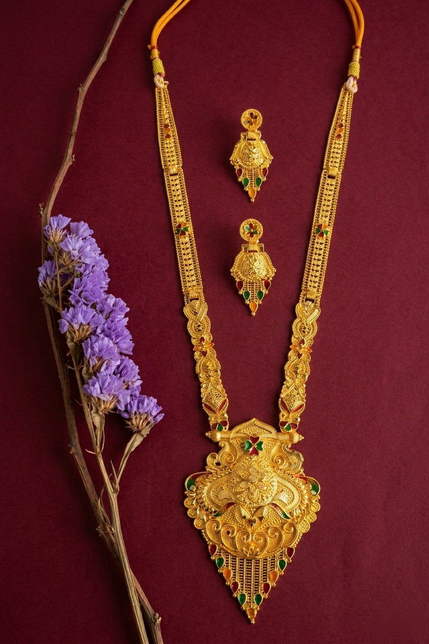 Gold Plated Long Necklace Har for Women | Minimal Adjustable Brass Necklace | Traditional Wedding Jewellery | RJ-3