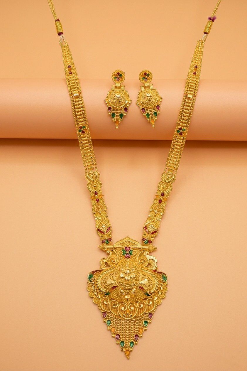 Gold Plated Long Necklace Har for Women | Minimal Adjustable Brass Necklace | Traditional Wedding Jewellery | RJ-3