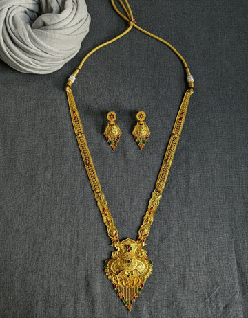 Gold Plated Long Necklace Har for Women | Minimal Adjustable Brass Necklace | Traditional Wedding Jewellery | RJ-3