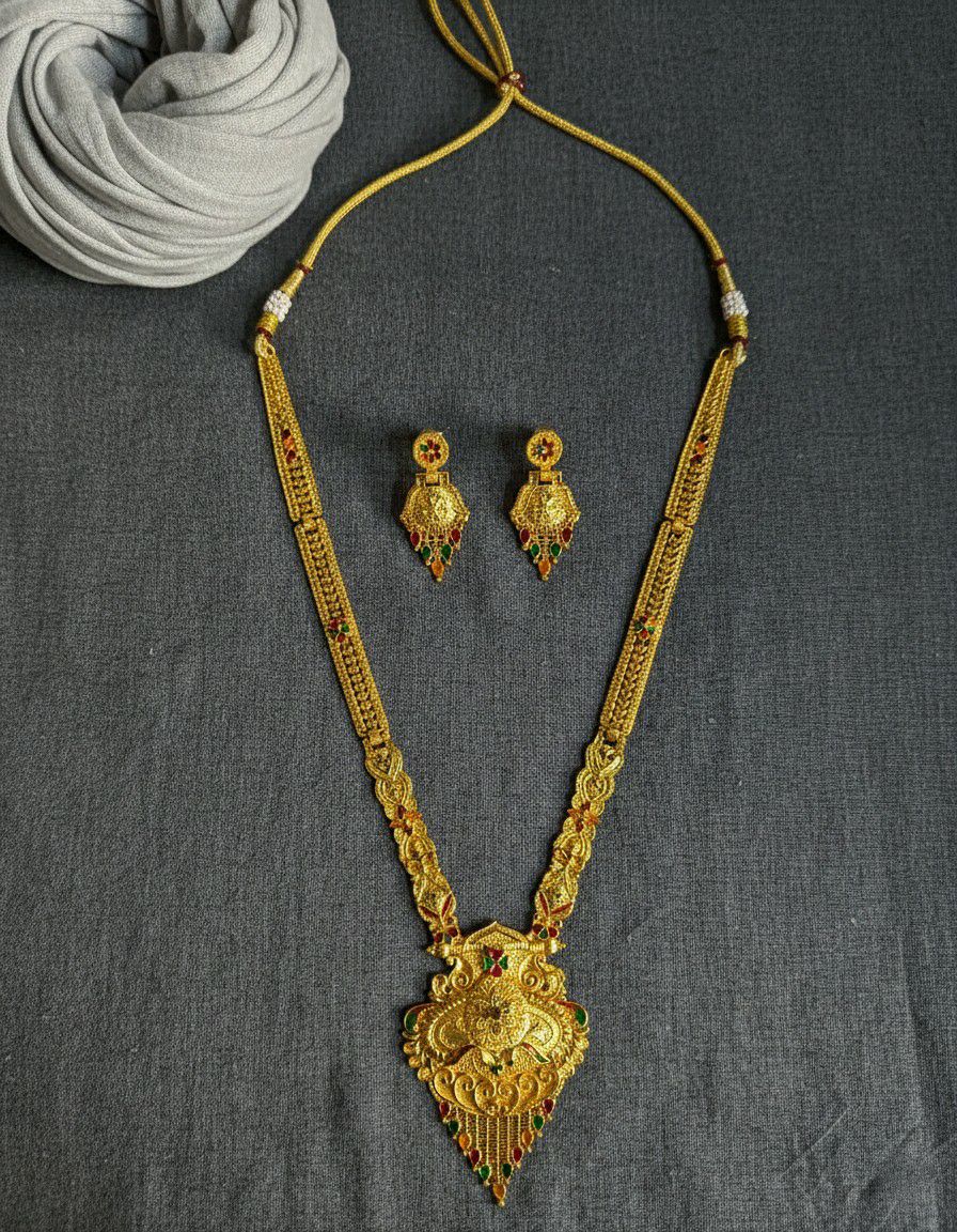 Gold Plated Long Necklace Har for Women | Minimal Adjustable Brass Necklace | Traditional Wedding Jewellery | RJ-3