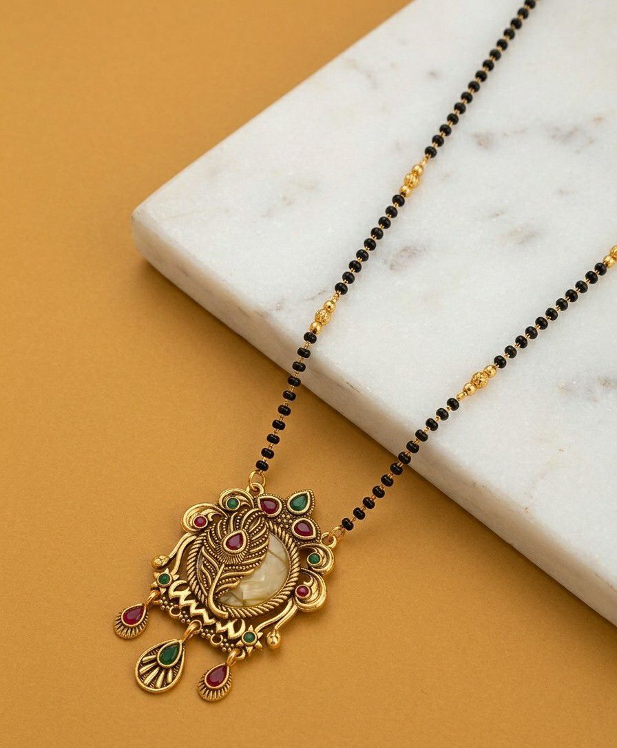 Gold Plated American Diamond Acrylic Mangalsutra for Women | Imported Short Single Strand South Indian Mangalsutra | M-42