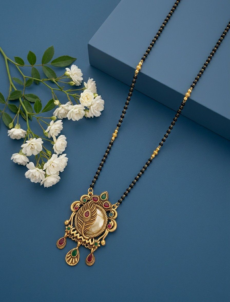 Gold Plated American Diamond Acrylic Mangalsutra for Women | Imported Short Single Strand South Indian Mangalsutra | M-42