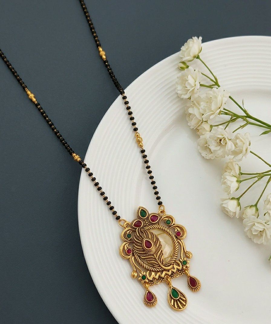 Gold Plated American Diamond Acrylic Mangalsutra for Women | Imported Short Single Strand South Indian Mangalsutra | M-42