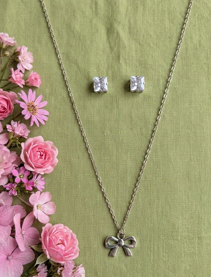 Silver Plated Infinity Pendant Chain with Earrings for Women | American Diamond Short Necklace Set | Brass & Copper  | Imitation Jewellery | CP-55