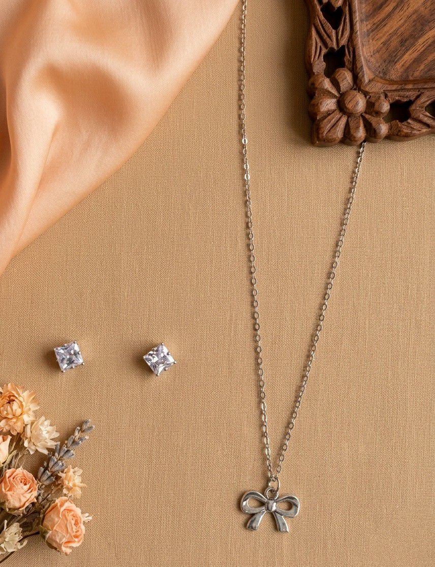 Silver Plated Infinity Pendant Chain with Earrings for Women | American Diamond Short Necklace Set | Brass & Copper  | Imitation Jewellery | CP-55