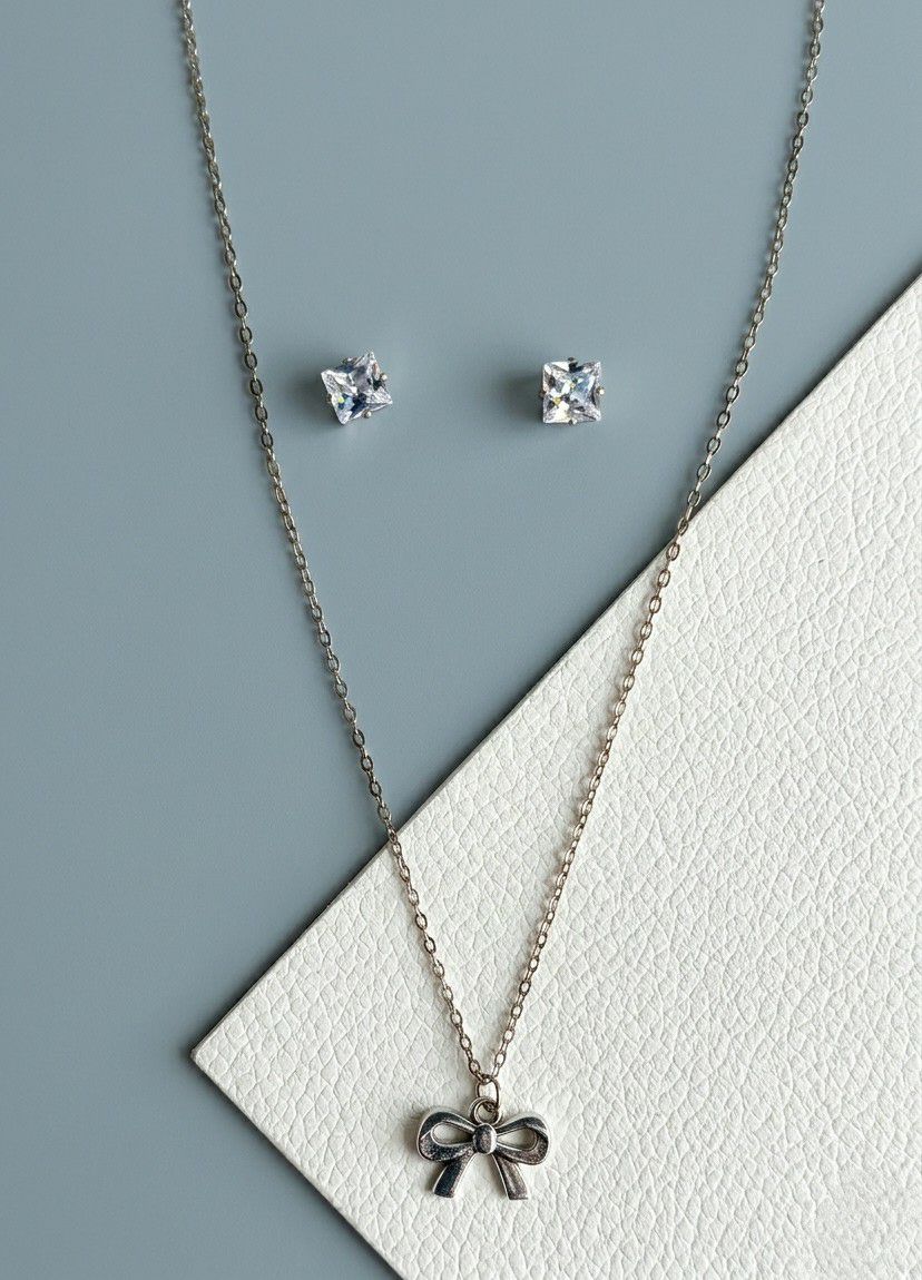 Silver Plated Infinity Pendant Chain with Earrings for Women | American Diamond Short Necklace Set | Brass & Copper  | Imitation Jewellery | CP-55