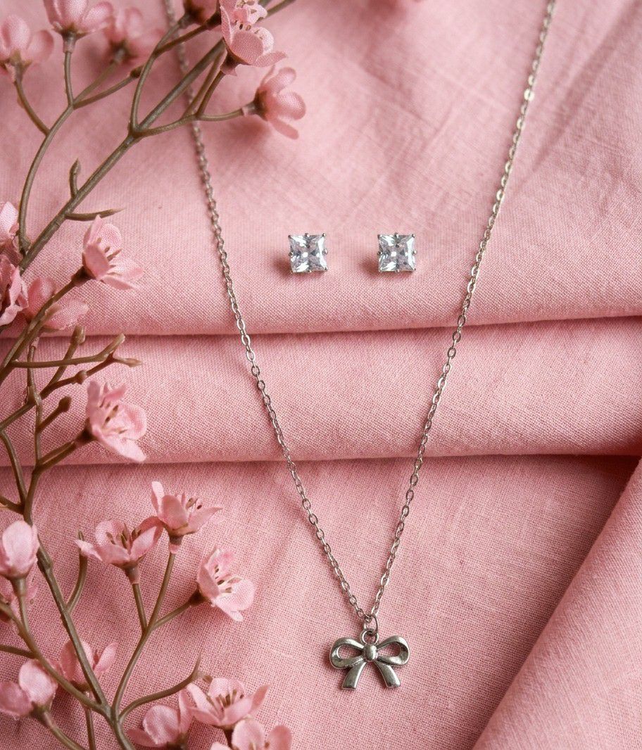 Silver Plated Infinity Pendant Chain with Earrings for Women | American Diamond Short Necklace Set | Brass & Copper | CP-55