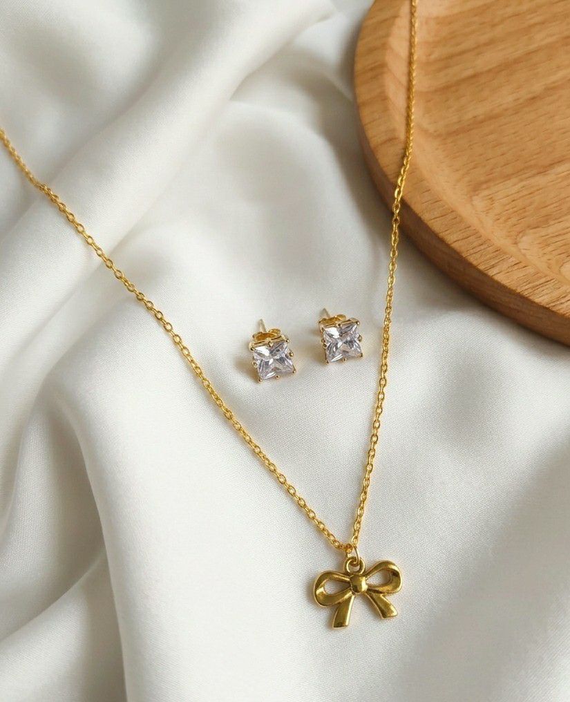 Gold Plated Infinity Pendant Chain with Earrings for Women | American Diamond Short Necklace Set | Brass & Copper  | Imitation Jewellery | CP-56