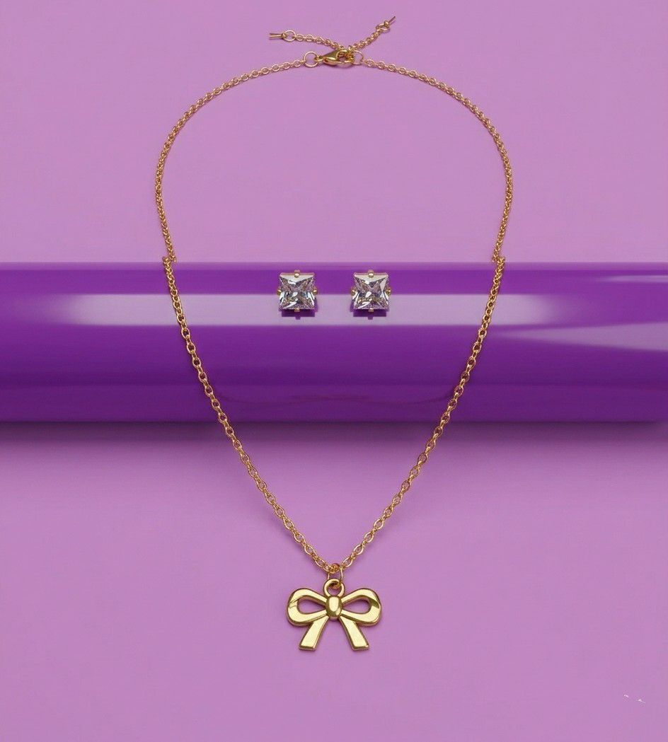 Gold Plated Infinity Pendant Chain with Earrings for Women | American Diamond Short Necklace Set | Brass & Copper  | Imitation Jewellery | CP-56