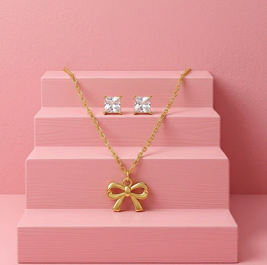 Gold Plated Infinity Pendant Chain with Earrings for Women | American Diamond Short Necklace Set | Brass & Copper  | Imitation Jewellery | CP-56