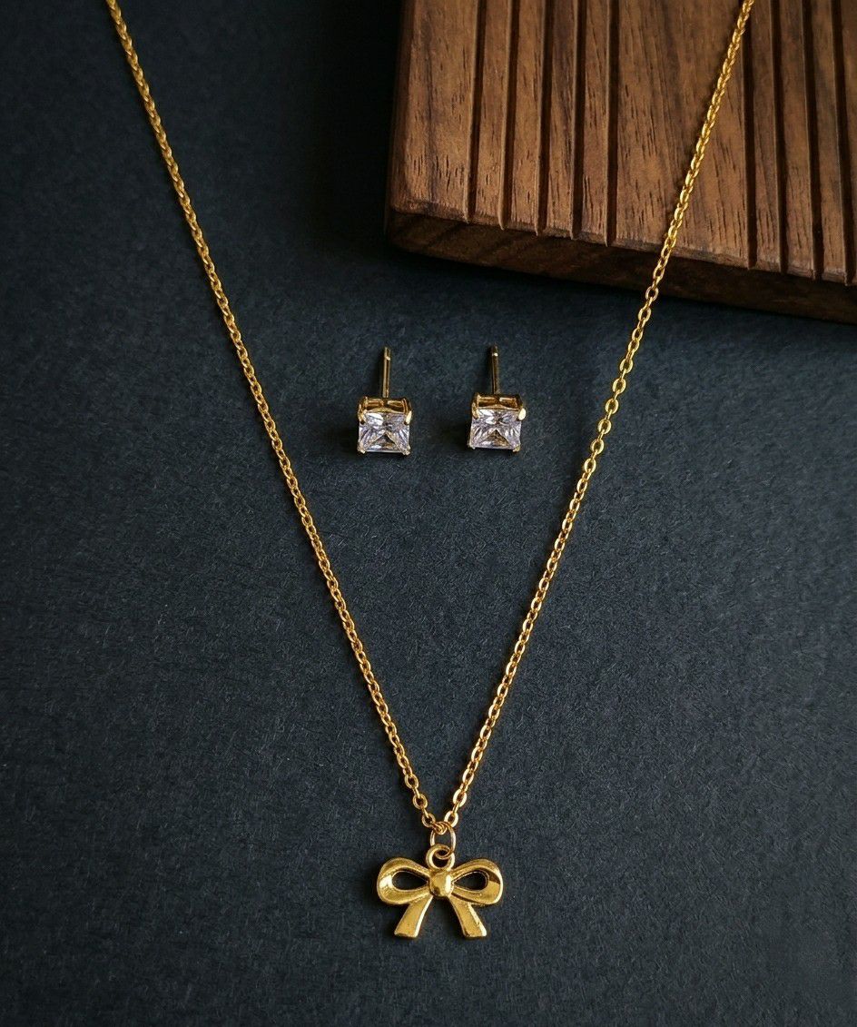 Gold Plated Infinity Pendant Chain with Earrings for Women | American Diamond Short Necklace Set | Brass & Copper  | Imitation Jewellery | CP-56