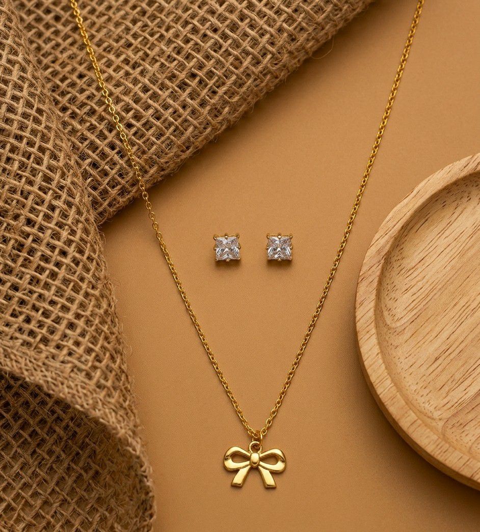 Gold Plated Infinity Pendant Chain with Earrings for Women | American Diamond Short Necklace Set | Brass & Copper  | Imitation Jewellery | CP-56