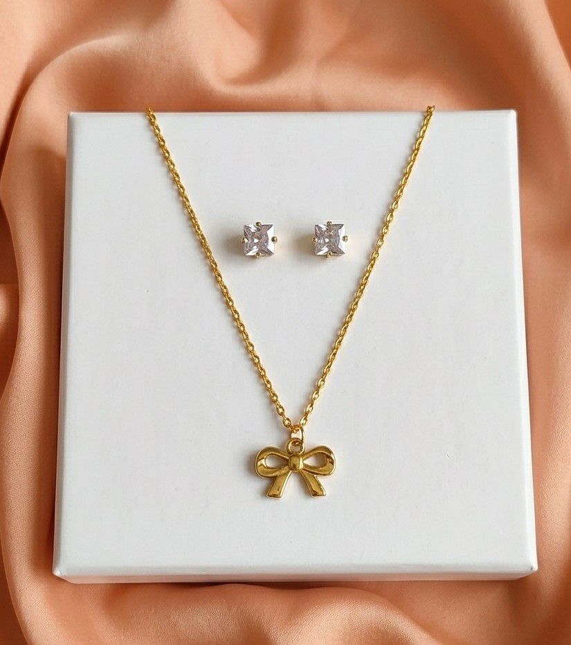 Gold Plated Infinity Pendant Chain with Earrings for Women | American Diamond Short Necklace Set | Brass & Copper  | Imitation Jewellery | CP-56