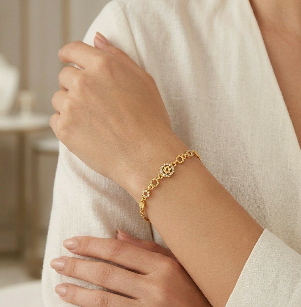 Gold Plated CZ Diamond Chain Bracelet for Women | Adjustable Dabi Peking Fancy Bracelet | Premium Brass Jewellery | B-54
