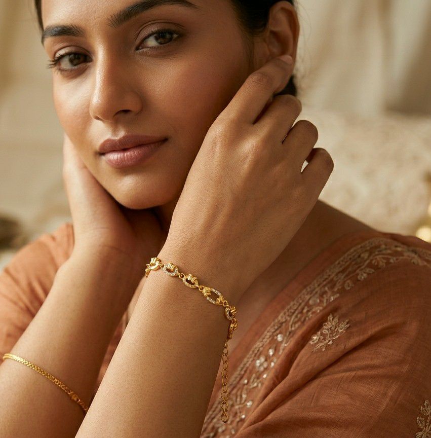 Gold Plated CZ Diamond Chain Bracelet for Women | Adjustable Dabi Peking Fancy Bracelet | Premium Brass Jewellery | B-55