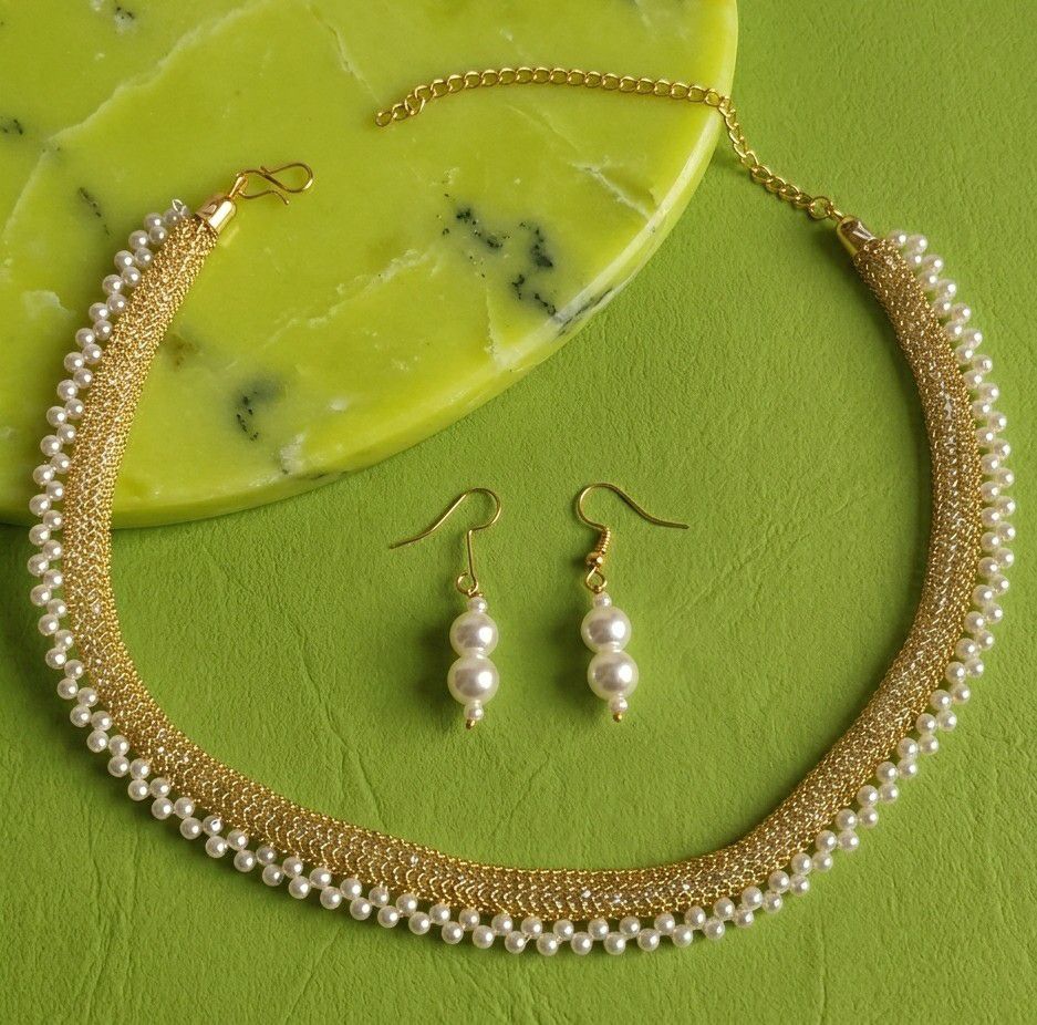 Gold Plated Moti Mala Necklace Set for Women | Adjustable Necklace with Earrings | Brass Jewellery  | Imitation Jewellery  | N-12