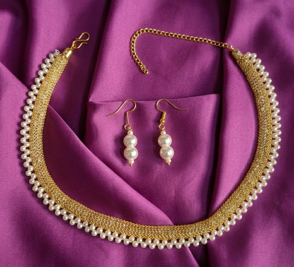 Gold Plated Moti Mala Necklace Set for Women | Adjustable Necklace with Earrings | Brass Jewellery  | Imitation Jewellery  | N-12