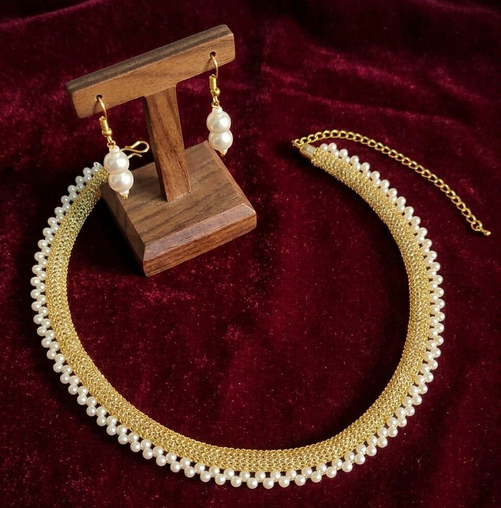 Gold Plated Moti Mala Necklace Set for Women | Adjustable Necklace with Earrings | Brass Jewellery  | Imitation Jewellery  | N-12