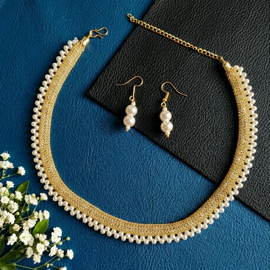 Gold Plated Moti Mala Necklace Set for Women | Adjustable Necklace with Earrings | Brass Jewellery  | Imitation Jewellery  | N-12