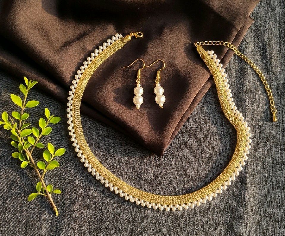 Gold Plated Moti Mala Necklace Set for Women | Adjustable Necklace with Earrings | Brass Jewellery  | Imitation Jewellery  | N-12