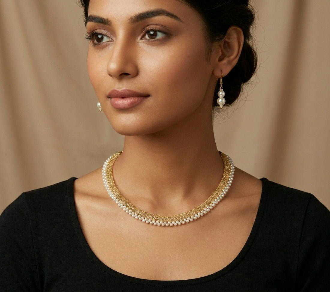Gold Plated Moti Mala Necklace Set for Women | Adjustable Necklace with Earrings | Brass Jewellery | N-12