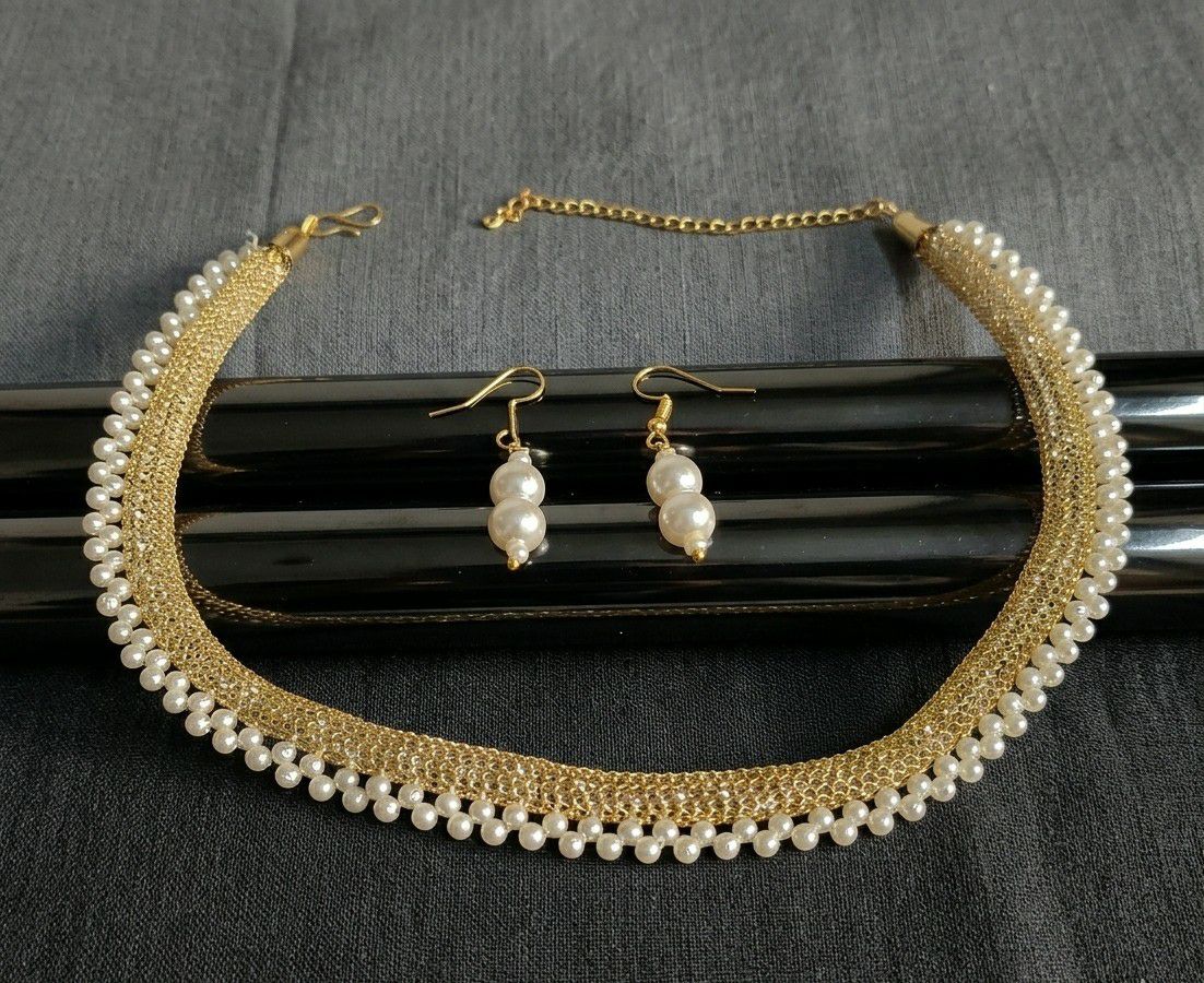 Gold Plated Moti Mala Necklace Set for Women | Adjustable Necklace with Earrings | Brass Jewellery  | Imitation Jewellery  | N-12