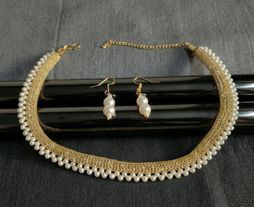 Gold Plated Moti Mala Necklace Set for Women | Adjustable Necklace with Earrings | Brass Jewellery  | Imitation Jewellery  | N-12