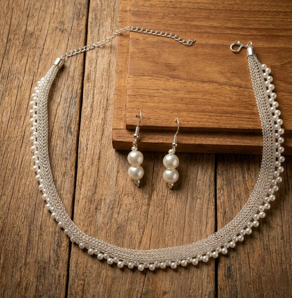 Silver Plated Moti Mala Necklace Set for Women | Adjustable Necklace with Earrings | Brass Jewellery  | Imitation Jewellery | N-13