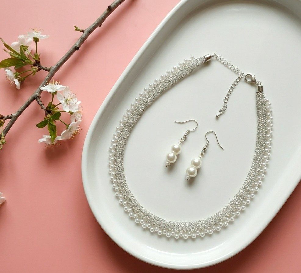 Silver Plated Moti Mala Necklace Set for Women | Adjustable Necklace with Earrings | Brass Jewellery  | Imitation Jewellery | N-13