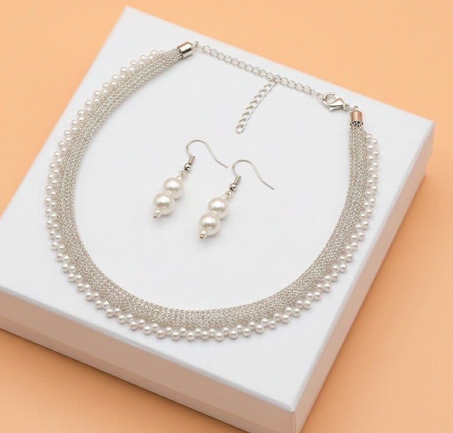 Silver Plated Moti Mala Necklace Set for Women | Adjustable Necklace with Earrings | Brass Jewellery  | Imitation Jewellery | N-13