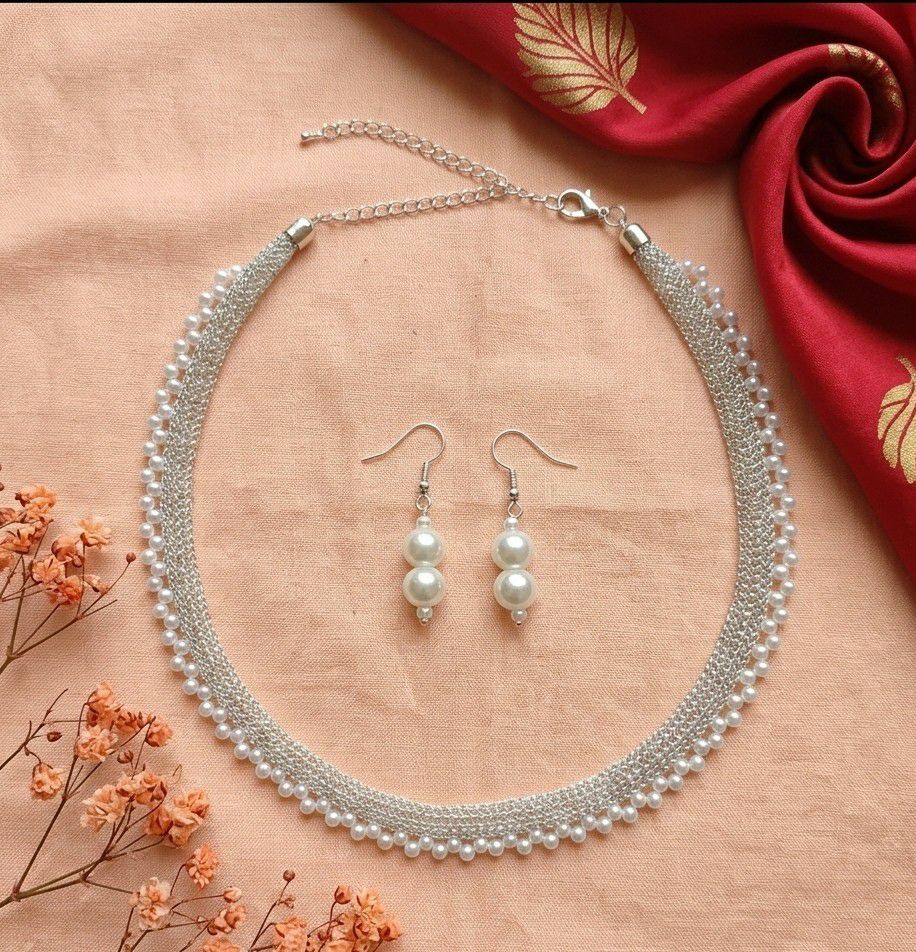 Silver Plated Moti Mala Necklace Set for Women | Adjustable Necklace with Earrings | Brass Jewellery | N-13