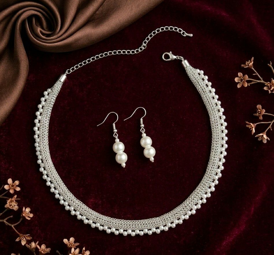 Silver Plated Moti Mala Necklace Set for Women | Adjustable Necklace with Earrings | Brass Jewellery  | Imitation Jewellery | N-13