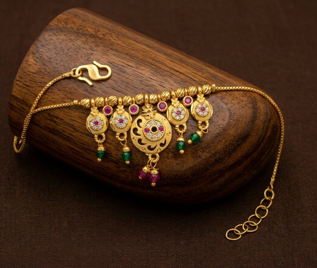 Gold Plated CZ Diamond Jhumar Bracelet for Women | Adjustable Dabi Peking Chain Bracelet | Premium Brass Jewellery | B-56
